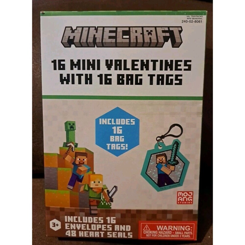 Minecraft 16 Mini Valentines  Cards With 16 Bag Tags, Envelopes & 48 Heart Seals